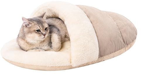 Jiupety Nettes Katzenbett Höhle in Form von Hausschuhe, Waschbares Katzenschlafsack, Weiches Plüsch Katzenhöhle, M-61 cm x 38 cm Cat Bed Katzen Bett mit rutschfestem Boden, Kamel