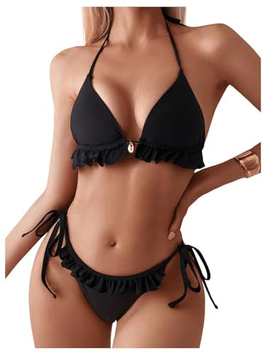 GORGLITTER Damen Bikini Sets Neckholder Triangel Bikinitop Tanga High Waist 2 Piece Bademode Zweiteiliger Swimsuits Schwarz S