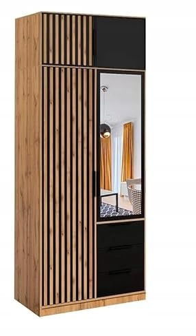 Easy4You Bali D3 Eiche Wotan/Schwarz Kleiderschrank mit Verlängerung 100x245x57,5 cm mit Spiegel - Schlafzimmermöbel, Aufbewahrung – Mehrzweckschrank Lamellen auf der Vorderseite und 3 Schubladen
