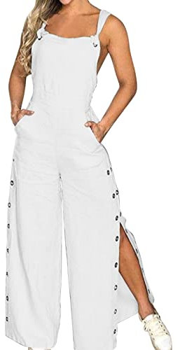 Arbeitsoverall Damen Weiß - Latzhose Damen Lang: Ärmellose Arbeitshose Locker Hosenanzug Lässiger Straight Jumpsuit Einfarbig Playsuit Mit Taschen Overalls Retro Sommerhose Romper Weite Hose Strampler