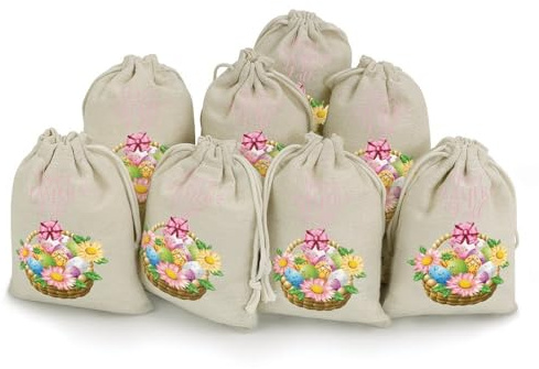 Hiseng 8 Stück Jutesack, Bedruckt Osternsack Jutesack 17 x 12.5 cm Jutesäckchen für Geschenkbeutel Ostern, Muttertag, Säckchen für Schmuck Hochzeit (Korb,8 Stück)