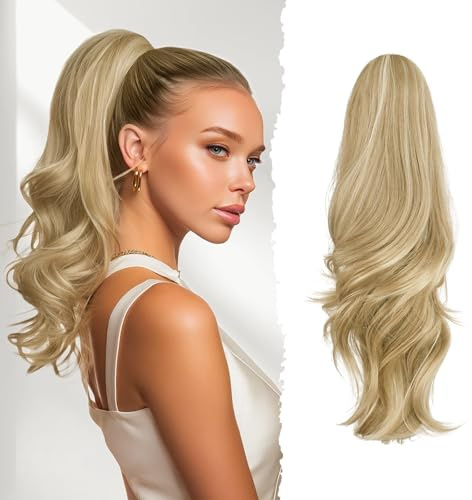 Sofeiyan lång vågig hästsvans med klämma, Dual-Use-design, ponytail förlängning, 41 cm syntetisk Claw Clip i hårförlängning, fläta för kvinnor, honungsblond med platina blonda slingor