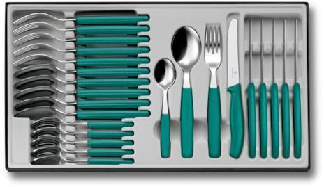 Victorinox Besteck-Set, 24-tlg., Messer, Gabeln, Löffel, Grün | Tafelbesteck-Set für 6 Personen, mit 6 Tafelmesser, 6 Gabeln, 6 Esslöffel und 6 Kaffeelöffel, Spülmaschinenfest