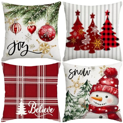 Miaikoe Weihnachtskissen Abdeckungen 40x40cm, Dekorative Bauernhaus Weihnachtsbaum Buffalo Plaid Glauben Schneemann Kissen Shams Fälle Slipcovers Set von 4 für Couch Sofa Rot