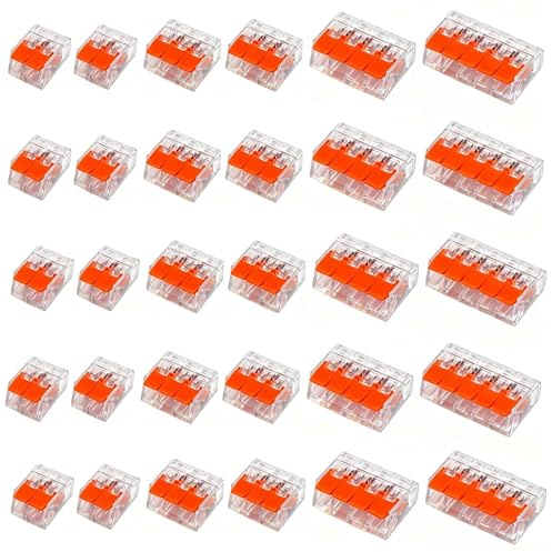 InYoHui 30 Pcs PCT222 Splicing Connector 2/3/4/5 Port Lever-Nut Terminal | 30 mixed connectors: 10x2, 10x3, 5x4, 5x5-port. Lever-nut 0.2-4mm². Transparent housing, visible insertion.