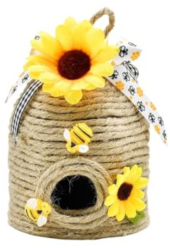 FUANA Decoración de colmena de abeja de yute para el hogar y el jardín, casa de abeja natural rústica con girasol y cinta a cuadros, decoración interior hecha a mano, 12 x 10 cm B y B