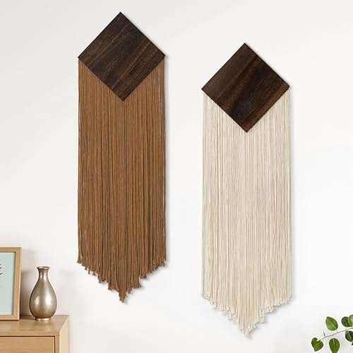 KHOYIME Macrame Wall Hanging Boho Chic Home Decor, 2PCS Bohemian Brown Beige Vertical Tassel Yarn Tapestry Modern Farmhouse Wall Art Decorations for Living Room Bedroom Nursery Office 11''W x 36''L