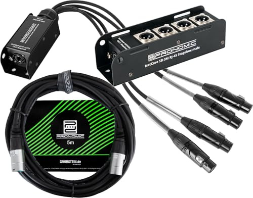 Pronomic NetCore SB-3M/SP-3F 5m Set - Multicore de 4 Canales para Audio - Stagebox con 4 Conectores XLR y RJ45 - Pigtail con 4 Conectores XLR y RJ45 - Incluye Cable de Red CAT5e de 5 m - Negro