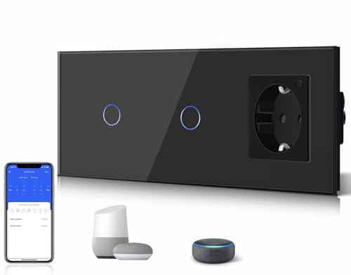 BSEED Double 1 Fach 1 Weg (Neutralleiter Erforderlich) 110V-250V WIFI Alexa Schalter mit 16A Steckdose Glasscheibe Google Stimme für Zuhause und Büro Schwarz