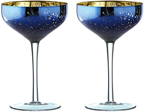 ARTLAND - Set of 2 Galaxy Champagne Saucers - Space Inspired Champagne Glasses - Mouth Blown Glassware - Galaxy Blue & Gold