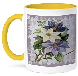 3dRose Coffee Mug, Size - 15oz - Lilac Clematis - vine, climbing vine, flowers, lilac flowers, purple flowers, cream flowers, Acrylic Painting - Clematis - funny coffee cup gift