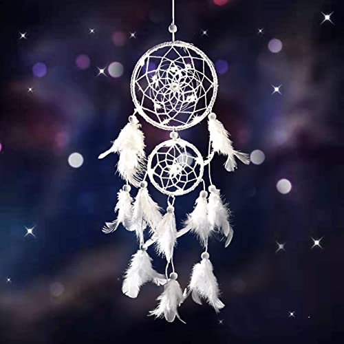 Kireida® Traumfänger, Runder Traumfänger mit Lichtern, Handgemachte Traumfänger mit weißen Federn für Vintage-Hochzeit Wandbehang Wohnkultur Geburtstagsgeschenk