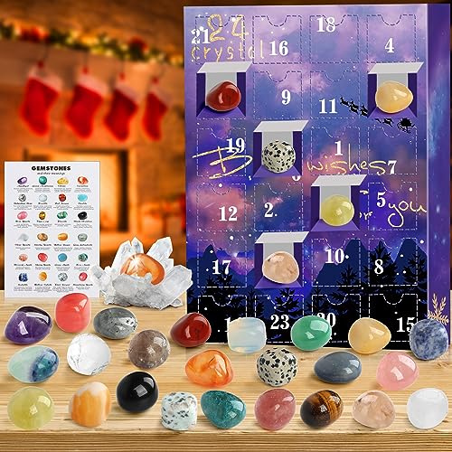 Calendrier de l'Avent 2025 Cristaux Pierres Précieuse,24 Calendrier de l Avent Femme Homme Cristaux Pierre et Minéraux, Gemmes Calendrier Avent Cadeau de Noël Calendrier de l'Avent pour Enfants Fille