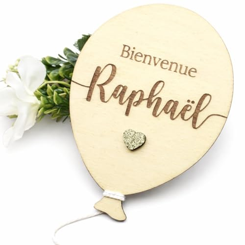 Carte bienvenue bébé ballon en bois, texte & prénom personnalisable, panneau pour la séance photo de naissance, flot & coeur, pailleté ou brillant, idée cadeau, baby, baptême, décoration, souvenir