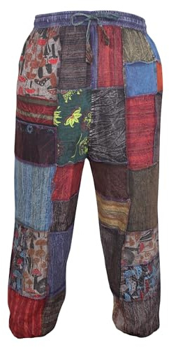Ezhippie Womens Hippie Trousers Elasticated Legs Patchwork Pants Bohemian Festival Clothes, L/XL