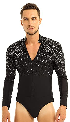 Kvysinly Men's Shiny Rhinestones One Piece Latin Ballet Dance Shirt Gymnastic Leotards Long Sleeve Bodysuits Black L