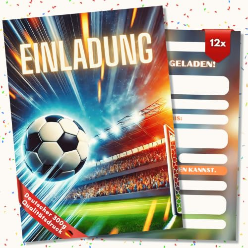 HIDEBLOOM Fußball Einladungskarten Kindergeburtstag Junge - 12 Stück - DIN A6 (10,5 cm x 14,8 cm) - Einladung Geburtstag - Geburtstagseinladungen Jungen - Fussball