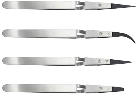 4 st antistatisk pincett set precision rostfritt stål pincett för hantverk, självlåsande pincett icke-magnetisk plast tippad pincett för elektronik smycken hantverk laboratorium hobby