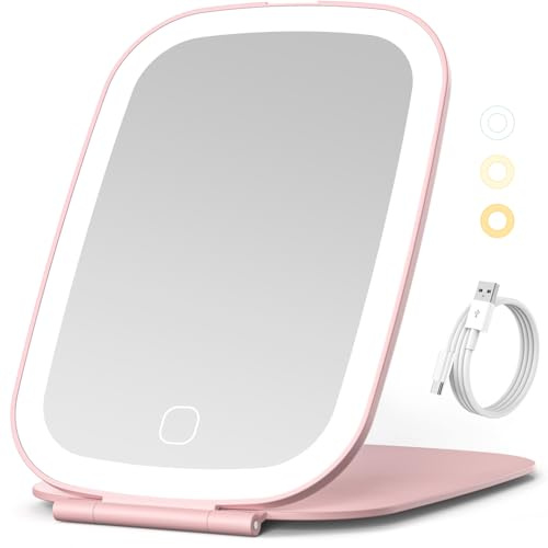 NEZZOE Kosmetikspiegel mit Beleuchtung, Wiederaufladbar Tragbar Schminkspiegel, Faltbar Reisespiegel mit 3 Lichtfarben, Ultraschlank Kleiner Spiegel mit Licht für Zuhause Reise, Rosa