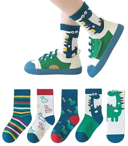 UZYXC Lot de 5 Paires Chaussettes Enfant Dinosaure (Taille 25-31), Chaussettes Coton Respirantes pour Garçon, Anti-Odeur pour École, Sport, Quotidien, Idée Cadeau Rentrée Scolaire