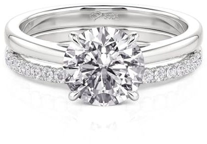 Ensemble de bagues empilables pour femme, serties de moissanite, en argent sterling 925, pierre taille ronde, élégante double bague, alliance pour femme (mariage, Saint-Valentin). (Argent, 64(20.6))