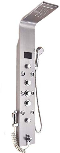 Duschpaneel LED aus rostfreiem Edelstahl mit Bidet-Funktion, Wanneneinlauf, Temperaturanzeige und 8 Massagedüsen Farbe: Nickel gebürstet