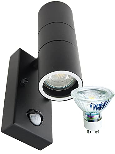 Hochwertige moderne Edelstahl-Außen-Wand-Leuchte Bornholm 2S mit Sensor und Bewegungsmelder, schwarz, Up-/Down-Light, IP44, inkl. LED-GU10, 2x 7W (2-flammig LED)