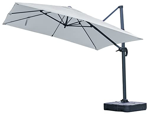 The Fellie 3 x 3M 360° Rotation Garden Parasol with 100L Water Sand Filled Base, Outdoor Cantilever Hanging Sun Shade Umbrella with Cross Base, UPF 30+ UV Protection, Light Grey