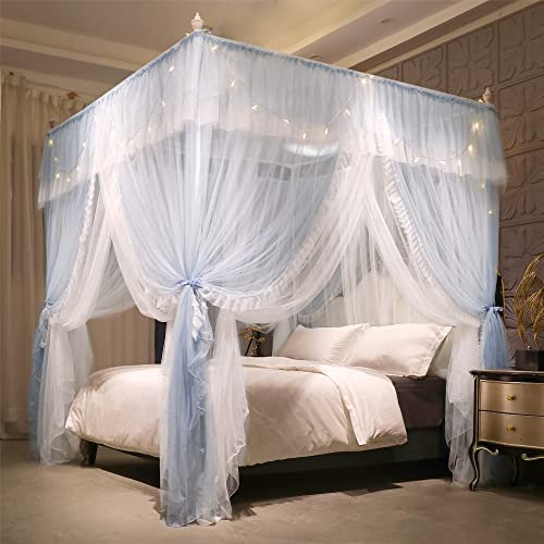 VETHIN 4 Corners Post Ruffle Princess Bed Canopy Curtain-Double Layer Cozy Drape Netting 4 Opening Mosquito Net for Girls Adults Bedroom Decoration (Gray/White,78 W*86 L*82*H/King)