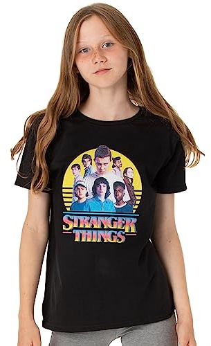 Stranger Things Barn barn flickor pojkar karaktärer logotyp T-shirt, svart, 9-10 år