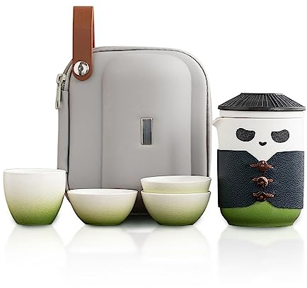 TUCHACA Reise Tee Set, niedliche Panda Tee Tasse mit tragbarer Tasche, 350ml Keramik Gongfu Teekanne mit 4 Keramik Teetassen, mit Tee Sieb. Verwenden Sie für Home Office, Geschenk für Teeliebhaber.