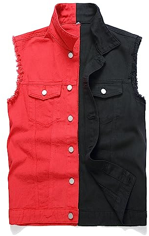 JUDIGODR Denim-Weste für Herren, Revers, ärmellos, schmale Passform, Retro, zerrissen, lässig, Jeans-Weste für Herren, rot/black, XL