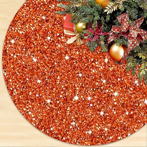 ROMANKAS Orange Christmas Tree Skirt Sequin Glitter Tree Skirt 36 inch Velvet Fabric Tree Skirts Fall Tree Skirt Thick Sparkly Xmas Trees Skirts for Christmas Thanksgiving Supplies