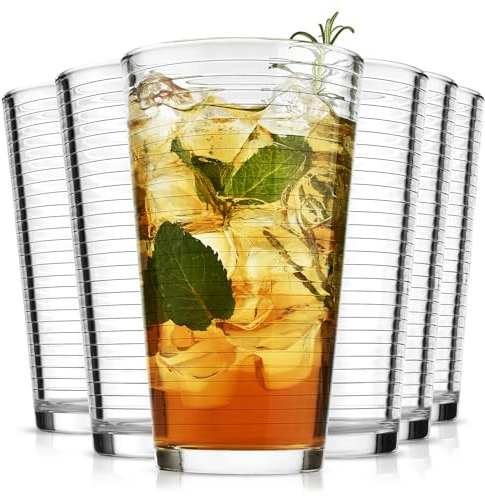 ALINK 16 oz Drinking Glasses, Set of 6 Highball Glasses, Ribbed Glassware Glass Cups, Water Glasses for Beer, Iced Coffee Cups, Cocktail Glasses, Wine, Iced Tea, Dishwasher Safe