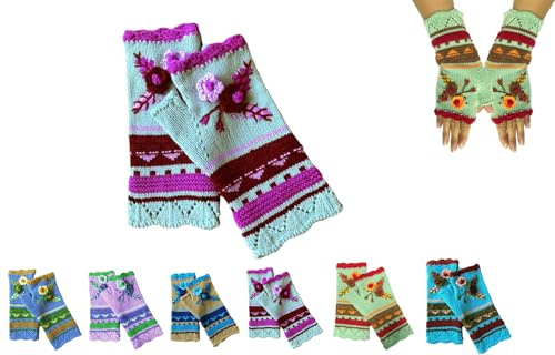 YAQUEKOU Handgestickte Armstulpen Damen Winter Fingerlose Handschuhe Blumen Stickerei Stulpen Damen Hände Handstulpen Pulswärmer Handschuhe Strick Winterhandschuhe Gestrickte Fingerlose Fäustlinge