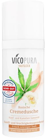 VICOPURA Basische Cremedusche, frisch-würziger Duft, mit Hanföl und Kameliensamenöl, äusserst sanft, auch für trockene, angespannte Haut, SLS und SLES frei (50 ml) | Frisch-würziger Duft, reinigt sanft, pflegt intensiv, auch für trockene, angespannte Haut, SLS und SLES frei