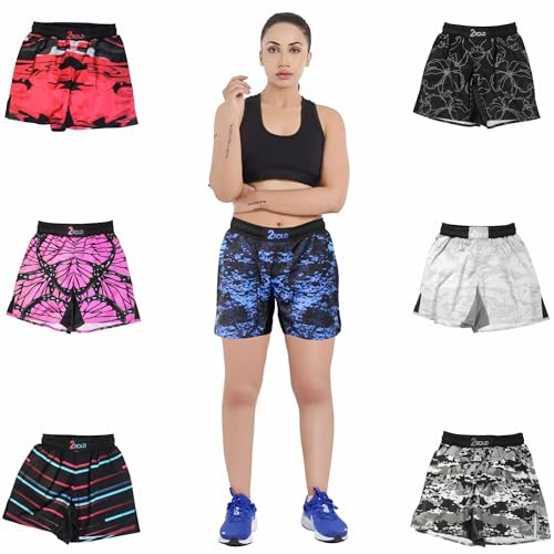 2BOLD Women's MMA, BJJ, Grappling, Jiu Jitsu, Boxing Trunk, Muay Thai, Yoga, Gym Training Shorts (US, Alpha, Large, Regular, Regular, Blue-Splash)