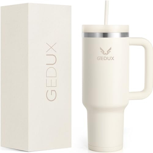 Gedux 1200 ml Becher mit Griff, 2-in-1 auslaufsicherer Deckel (Strohhalm/Flip), isolierte Wasserflasche, Edelstahlbecher mit rutschfestem Silikon, breite Öffnung, Reisebecher, Becherhalter