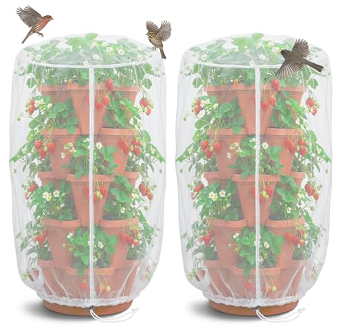 Warmfarm 2 Pcs Vertical Plant Pot Insect Netting，5-Tier Stackable Planter Garden Net Cover for Strawberry, Planter Pot Protection Mesh with Drawstring for Strawberry Herb Vegetable Flower Fruit