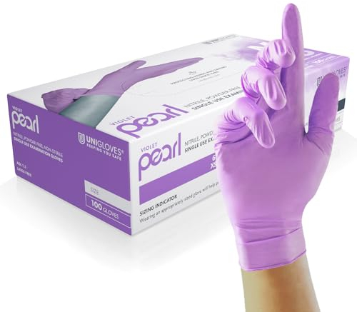 UNIGLOVES Violet Pearl - Guantes de examen de nitrilo - Guantes desechables multiuso, sin polvo y sin látex - Caja de 100 guantes, color violeta, pequeños (GP0072)