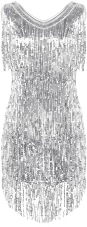 Agoky Damen Ärmellos Pailletten Kleid V-Ausschnitt Quasten Partykleid | Flapper Kostüm Glitzer Tanzkleid Samba Tango Latein Outfits