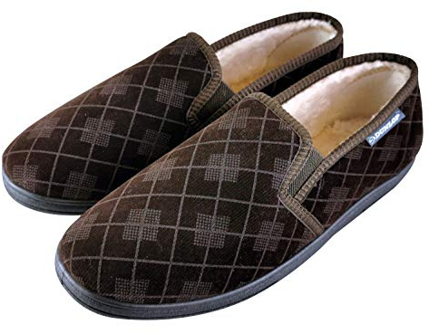 DUNLOP - Homme Confortables Eponge Memory Foam Fourrées Peluche Plaid Chaussons Pantoufles Mocassin (46 EU, Brown)