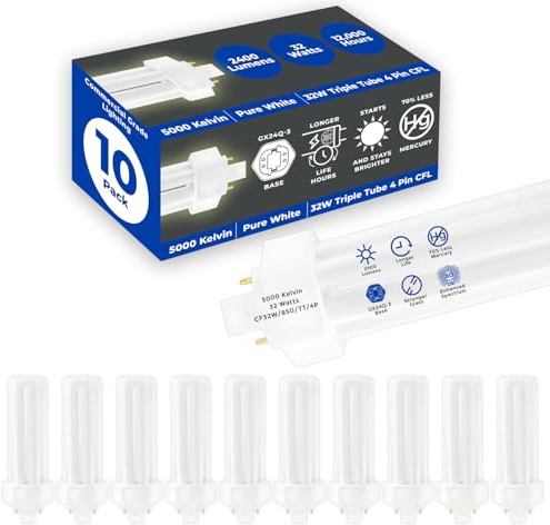 GoodBulb 32 Watt CFL Light Bulbs 4 Pin GX24Q-3 Base 5000K Daylight 32W High Output 2400 Lumens Triple Tube Compact Fluorescent Light Bulbs Plug-in 10 Pack
