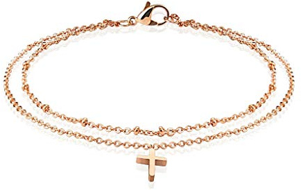 Paula & Fritz® Armband Damen Gold Kreuz Charm Anhänger 316L Chirurgenstahl 240-mm Doppelt-Kette Bettelarmband Arm-kettchen Arm-Schmuck Fußkette