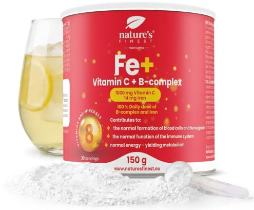 Nature's Finest Eisen & Vitamin C, Trinkpulver 150 g | Eisengluconat mit Vitamin C & B-Komplex als Trinkpulver - Zitronengeschmack, vegan, ohne Zuckerzusatz