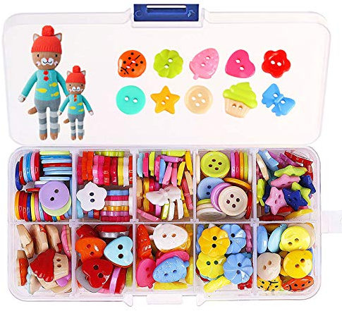 Kinder Knöpfe zum Basteln, Bunt Kleine Bastelknöpfe Kunststoff Puppenknöpfe Kinderknöpfe, 10 Formen Farben Rund Harz Knöpfe mit Box zum Nähen DIY Scrapbooking Deko Handwerk Verzierung 240 Stück