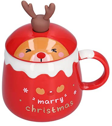 BORDSTRACT Taza de café de Navidad, taza de cerámica con tapa y cuchara de 450ml con tema navideño bonito, adorable para amigos, familias(alce rojo)