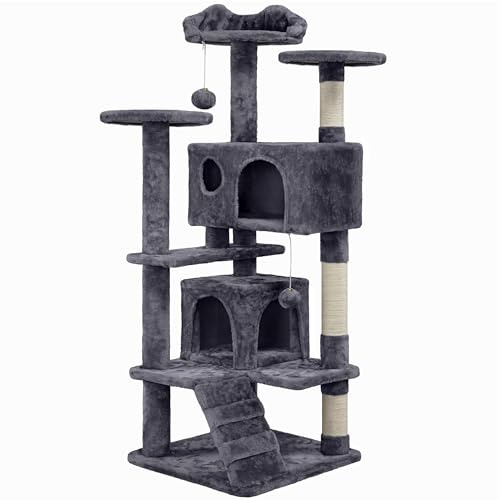 Abician Arbre à Chat avec Poteaux en Sisal Cachettes Perchoirs Griffoir Boules Tour pour Chat de Petite Taille ou de Taille Moyenne Tour d'activité Gris Foncé
