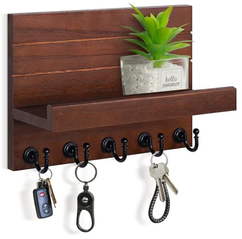 HONJIN Key Holder Wall Mount with Shelf and 5 Sturdy Key Hooks (Dark Brown)