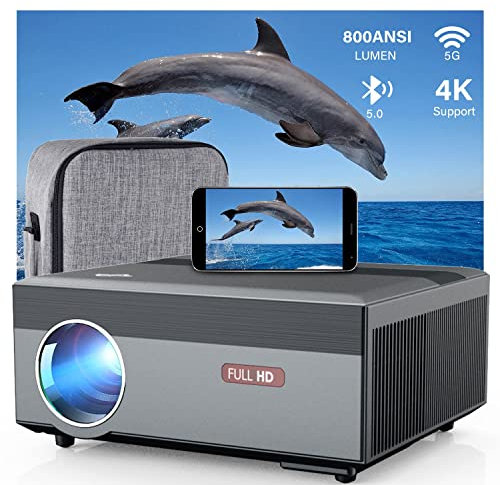 Wifi Projector 4K 1080P, Full HD Video Game Native Projector with HDR MEMC, 800ANSI Lumen 5G Wireless Projector with Bluetooth Zoom Android 9.0 RJ45, Smart Projector for Home Theater, Outdoor Cinema,